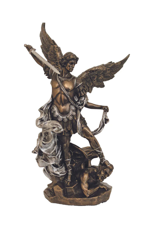 SR-74997-BP -St. Michael in lightly hand-painted cold cast bronze with pewter style trim