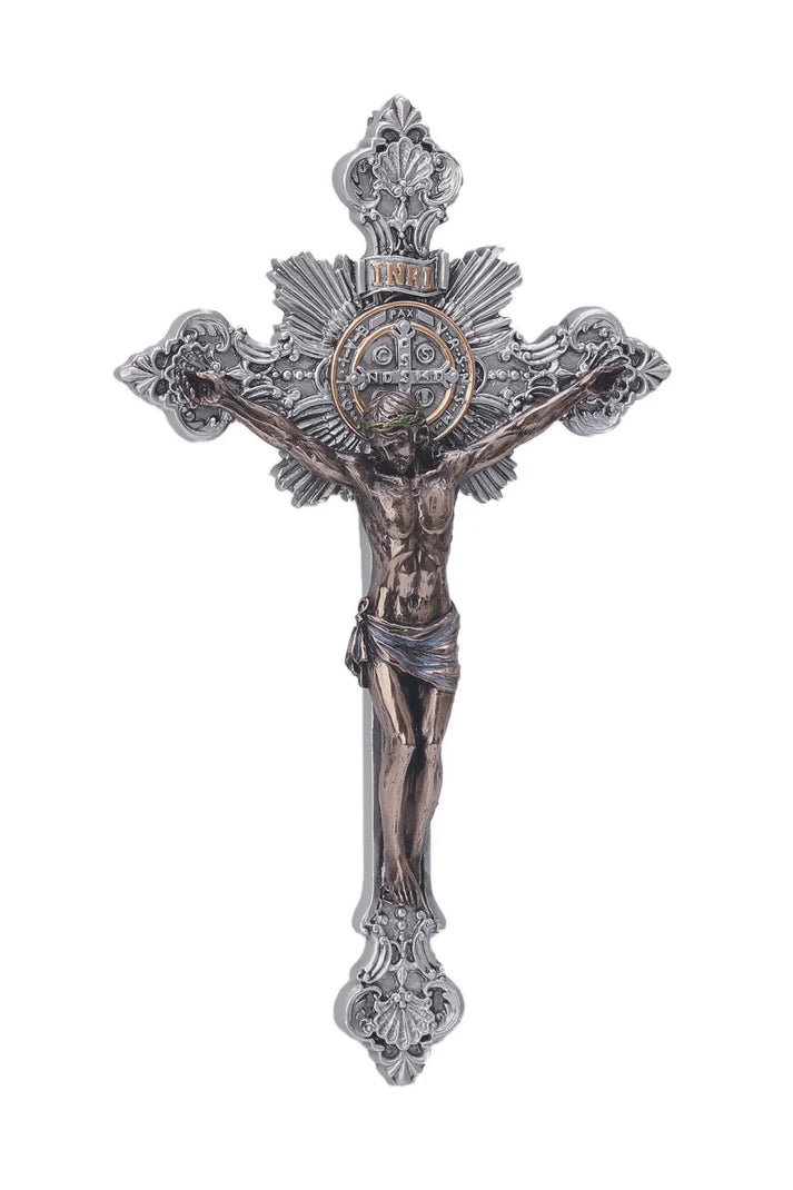 St. Benedict Crucifix with cold cast bronze Corpus on pewter style crs(SR-76719-PB