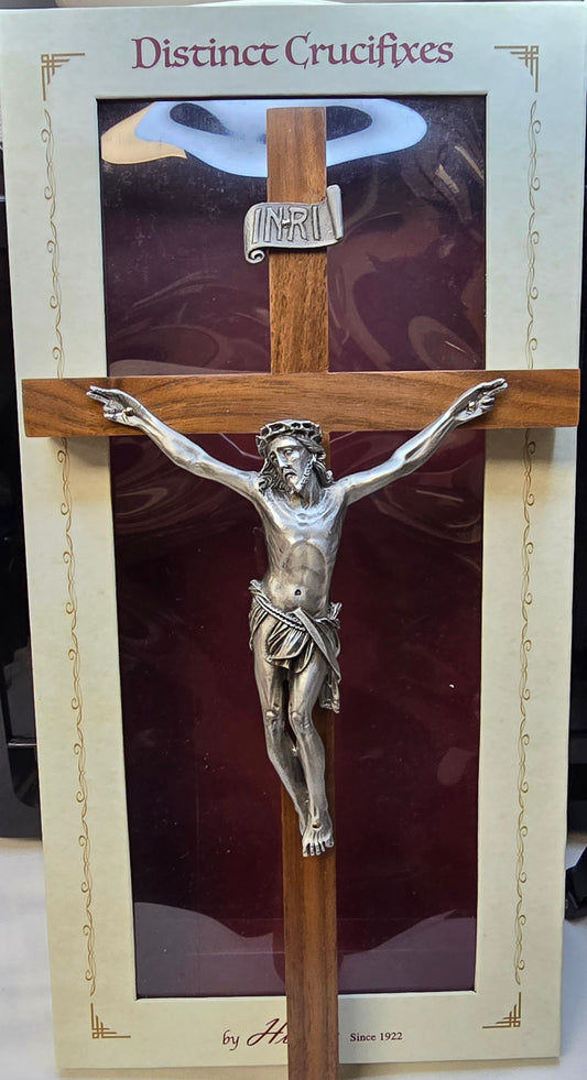 Crucifix - 12" Walnut Cross with Antique Fine Pewter Corpus