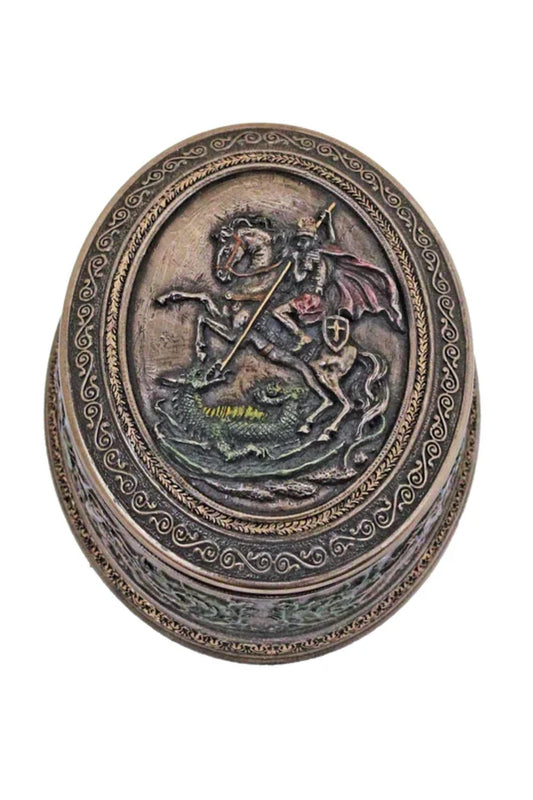 Oval St. George box in lightly hand-painted cold cast bronze