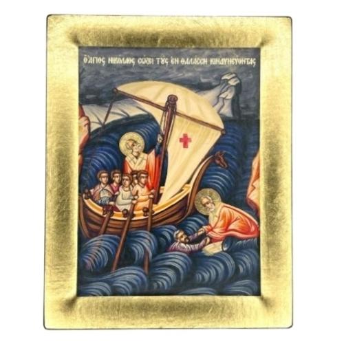 S29X23 - 446 -The Miracle of Saint Nicolaos Silk Screen Icon – Gold & Engraved Wood