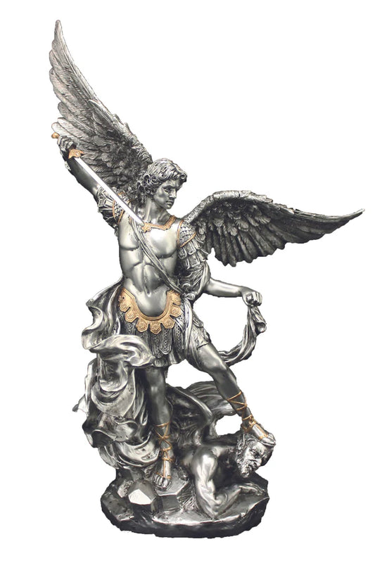 St. Michael in pewter style with gold highlights (SR-74997-PE )