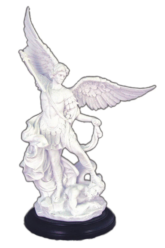 St. Michael in white on a black wood base SR-74997-W