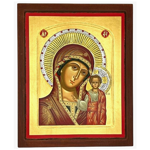 ES33X27-155 - Virgin Mary of Kazan Silk Screen Icon – Gold, Engraved Wood