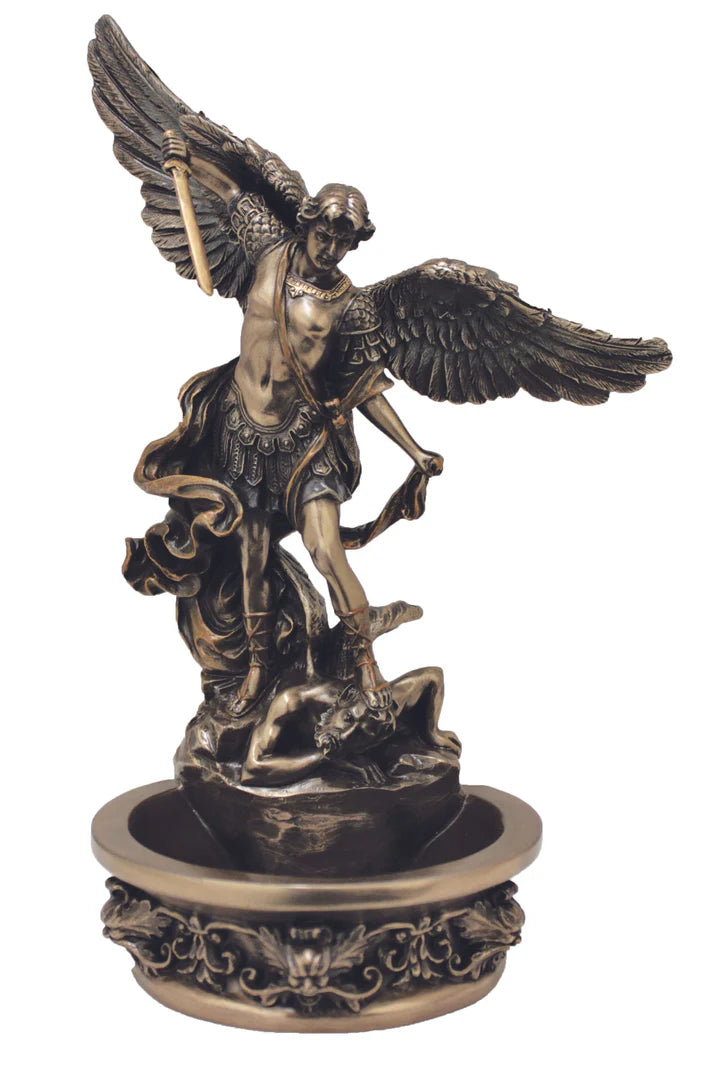 St. Michael holy water font in cold cast bronze