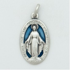 Sterling Silver Miraculous Medal (Large) Oval With Blue Enamel