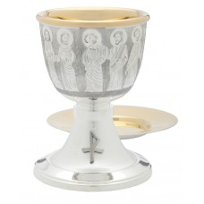 Chalice Ht. 7" 12 oz. with 6 3/4"  well paten. Hand-engraved Apostles.